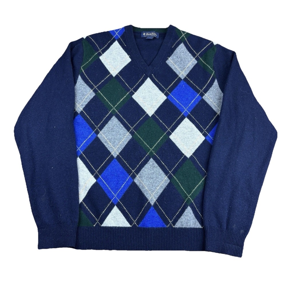 Brooks Brothers Scottish Lambswool Sweater Men's Large Blue Knit V-Neck Argyle